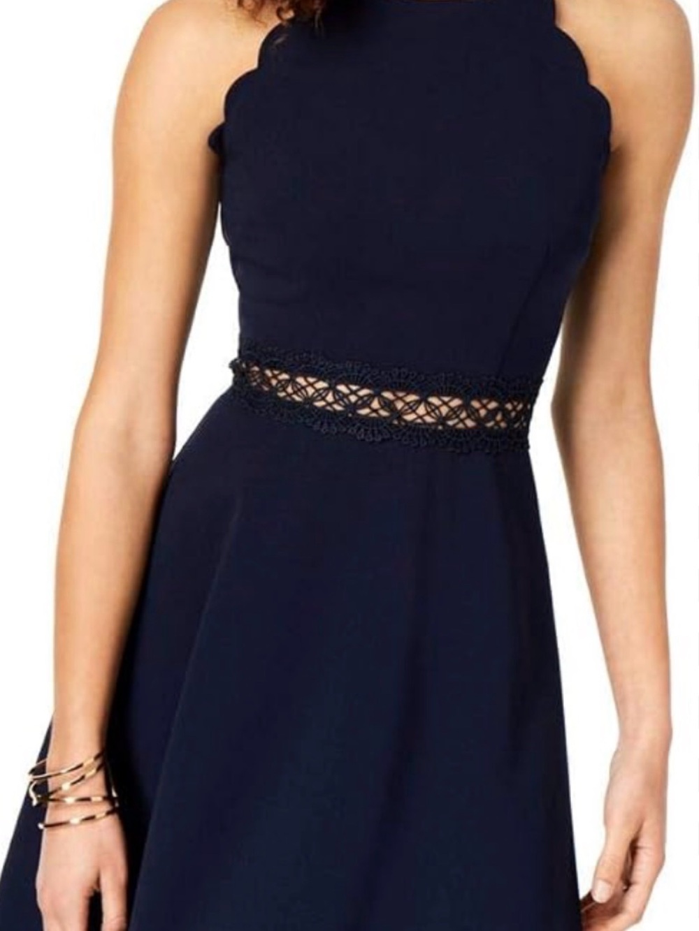 Scalloped Halter Midi Dress in Navy with Crochet Waist